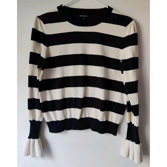 Who What Wear Striped Balloon Sleeves Sweater‎ Size Medium Black/Cream - Picture 1 of 3